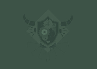 Illustration of octagon robot head in geometric steampunk style. ( Monochrome : Grey Green)