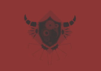 Illustration of octagon robot head in geometric steampunk style. (Dark Purple & Red)