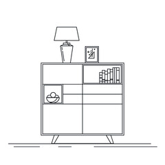 Furniture for the bedroom and living room. Vector flat icon. Design of a large dresser for the bedroom with a table lamp, a bowl of fruits, books and various accessories for websites, logos.