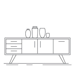 Vector furniture icon. Linear drawing of furniture. Chest of drawers, wardrobe, cabinet for storing things in the hallway or living room. Shelf with accessories in the form of vases. Modern furniture 