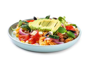 Plate with tasty pasta salad on white background