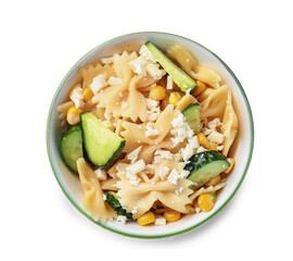 Bowl with tasty pasta salad on white background