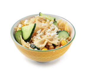 Bowl with tasty pasta salad on white background