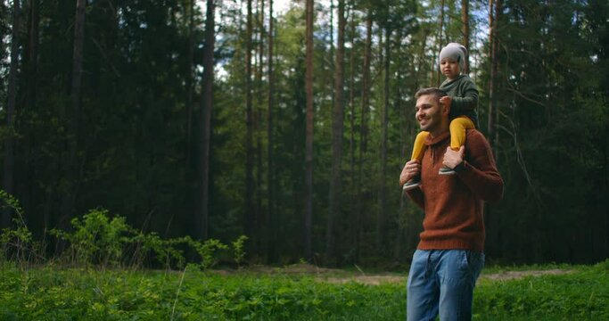 A father walks with his young son on his shoulders in a park against a backdrop of trees. Walking with a young happy child