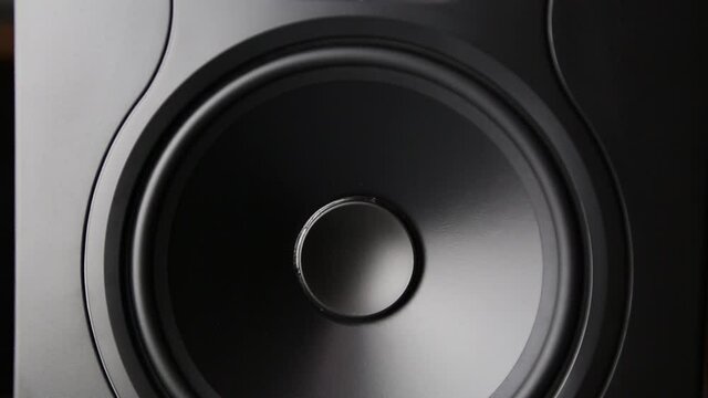 Professional dj speakers footage.Hifi sound system video.High quality big sound speaker with tweeter & subwoofer in black box for sound recording studio.Listen to music in hi-fi with stereo monitors