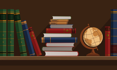 Wooden bookshelf with books and an antique globe. Library, bookstore and education concept. Vector illustration in flat cartoon style.