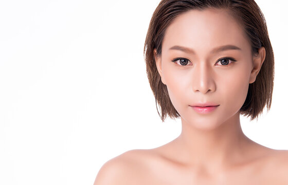 close up young asian woman face with clean skin on white background, Beauty Cosmetics and Facial treatment Concept,