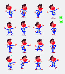 Cartoon character businessman with mask and virus COVID in smart casual style. Set with different postures, attitudes and poses, doing different activities in isolated vector illustrations.
