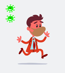businessman with mask and virus COVID running happily
