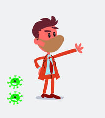 Pleased businessman with mask and virus COVID points to something
