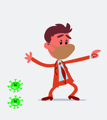Shocked businessman with mask and virus COVID pointing
