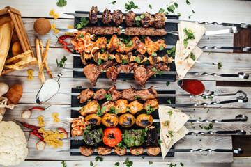 Top view on assorted caucasian skewers shashlyq