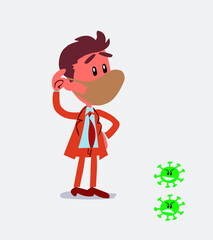 Thoughtful businessman with mask and virus COVID scratching his head
