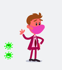 businessman with mask and virus COVID waving while smiling
