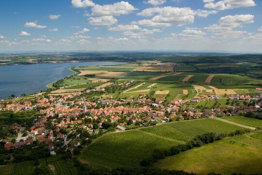 The colorful wine village Pavlov and Nove Mlyny reservoirs (přehrada Nov&eacute; Ml&yacute;ny), on the background of traditional landscape of region of Moravia (Morava), Czechia, middle/central Europe