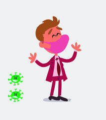 Pleased businessman with mask and virus COVID explaining something