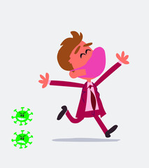 businessman with mask and virus COVID running euphoric
