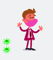 Very pleased businessman with mask and virus COVID 
