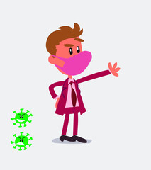 Pleased businessman with mask and virus COVID points to something
