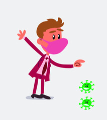 businessman with mask and virus COVID pointing at something outraged
