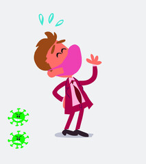 businessman with mask and virus COVID laughing happily
