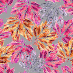 Orange pink leaves watercolor, seamless pattern, bright background