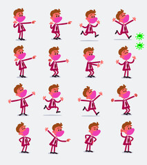 Cartoon character businessman with mask and virus COVID in smart casual style. Set with different postures, attitudes and poses, doing different activities in isolated vector illustrations.
