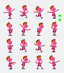 Cartoon character businessman with mask and virus COVID in smart casual style. Set with different postures, attitudes and poses, doing different activities in isolated vector illustrations.
