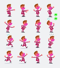 Cartoon character businessman with mask and virus COVID in smart casual style. Set with different postures, attitudes and poses, doing different activities in isolated vector illustrations.
