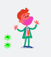 Pleased businessman with mask and virus COVID explaining something