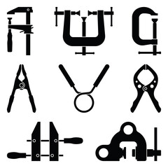Clamp icons set. Hand tools. Silhouette vector