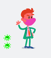 businessman with mask and virus COVID waving while smiling
