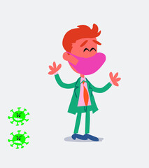 Very pleased businessman with mask and virus COVID 
