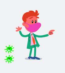 businessman with mask and virus COVID smiling while pointing
