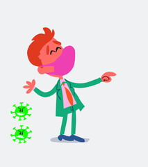 businessman with mask and virus COVID laughing while pointing
