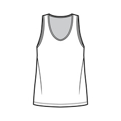 Tank top technical fashion illustration with oversized body, bonded deep V-neckline, sleeveless. Flat shirt apparel template front, white color. Women, men unisex CAD mockup