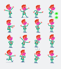 Cartoon character businessman with mask and virus COVID in smart casual style. Set with different postures, attitudes and poses, doing different activities in isolated vector illustrations.
