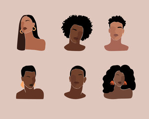 Black young beautiful women and man portraits with different hairstyle.  Black lives matter