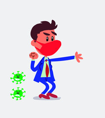 Very angry businessman with mask and virus COVID pointing at something
