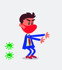 Very angry businessman with mask and virus COVID pointing at something
