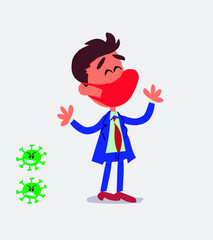 Pleased businessman with mask and virus COVID explaining something