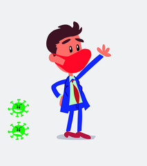 businessman with mask and virus COVID explaining something while pointing
