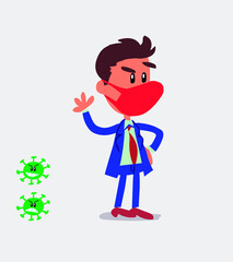 businessman with mask and virus COVID waving while smiling
