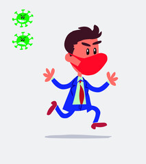 businessman with mask and virus COVID running very pleased
