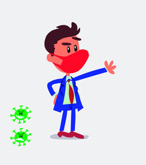 Pleased businessman with mask and virus COVID points to something
