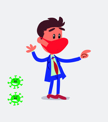 businessman with mask and virus COVID smiling while pointing
