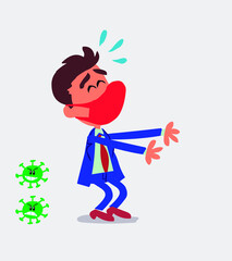 businessman with mask and virus COVID laughing a lot while showing something
