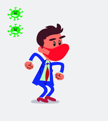 Euphoric businessman with mask and virus COVID makes plans
