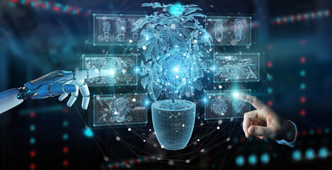 Robot hand holding and touching holographic projection of a plant with digital analysis 3D rendering