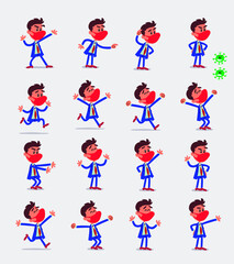 Naklejka premium Cartoon character businessman with mask and virus COVID in smart casual style. Set with different postures, attitudes and poses, doing different activities in isolated vector illustrations. 